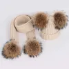 Vinterflicka Pom Peas Varm Stickad Bubble Fur Hat och Scarf Set Barn Real Raccoon Pon Skull