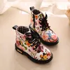 Autumn Girls Boots PU Leather Waterproof Kids Children Baby Shoes Fashion Flower Zip Rome Girl Martin Printing 210918
