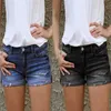 Vintage Ripped Gat Fringe Blue Jeans Denim Shorts Dames Casual Button Pocket Style Short 210719