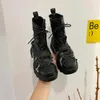 Leather Womens Ladies Ankle Boots Mid Heel Lace Up Worker Army Black Goth Shoes Autumn Sexy Chain High Quality P416 211012
