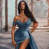 Sexy Light Blue Off Shoulder Mermaid Prom Dresses Beaded Pleats Draped High Split Side Sweep Train Evening Gowns Formal Dress Custom