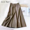 Autumn Fleece PU Leather Skirts Women Elegant High Waist ALine Patchwork Midi Skirt Female Winter Office Lady Bottoms 210306