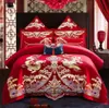 Luxury Bedding Set Dragon Phoenix Embroidery Red Chinese Style Wedding 100% Cotton 4/6Pcs Princess Bedclothes Duvet Cover Bed Sheet Linen Pillowcases