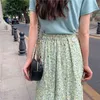 Floral Green Print Ruffle Pläterad Långkjolar Sommar Kvinnor Koreansk stil Streetwear Drawstring Elastic Waist Midi Skirt 210529