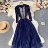 Zarif Vintage Mesh Patchwork örgü elbisesi kadın o boyun üç çeyrek kollu ofis midi elbise akşam parti uzun elbiseler 2022