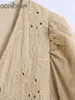 ファッション刺繍入り中空アウト夏の女性カジュアルシャツドレスVネックパフスリーブ女性フリルズルーズMIDI 210604