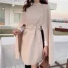 Koreański Wysokiej Jakości Styl Solid Color Cape Poncho Płaszcz Kobiety Jesień Elegancka Zbieraj Talii Wełniany Mid Długość Płaszcz Z552 210930