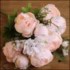 装飾的な花の花輪の花のお祝いパーティーの供給牧草地の品質6頭部2つば+ 3水生植物人工牡丹絹の花Weddi
