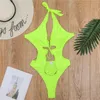 Oymak Mayo Tek Parça Katı Mayo Neon Bikinis 2021 Mujer Yüksek Kesim Bandaj Mayo Kadınlar Seksi Monokini Bodysuit