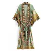Ethnic V Neck Peacock Flower Print Kimono Shirt Bohemeian Lacing Up With Sashes Long Cardigan Loose Blouse Tops Q190517