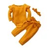 Completi per neonate Completi per bambina 4 colori Ruffler manica lunga Rompe Abbigliamento casual per bambini Pantaloni in cotone per bambina Fascia per bambini Set casual 407 U2