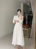 Primavera elegante windbreaker mulheres branca maxi vestido coreano vestuário femme robe slim terno colarinho casaco de breasted com cinto 210820