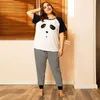 New summer plus size pajamas for women loose stripe panda print T-shirt and long pants home wear two piece suits 4XL 5XL 6XL 7XL Y0625