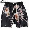 Été Hip Hop court Joggers Harajuku s Streetwear imprimé fleuri poche à glissière taille élastique piste Baggy noir 210713