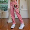 Vintage Pink Womens Jeans Pants Mid-waist Sun Star Pattern Young Girl Denim Trousers Summer Autumn Female Cute Cartoon 210809
