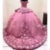 Pink Quinceanera Robes Off Burner Fleur Sweet 16 Birthday Party Robe Perls Pearls Puffy Jupe Sweep Train