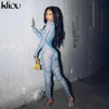 Kliou moda padrão impressão malha emendada duas peças conjunto mulheres manga longa ver através de bodysuit leggings magro 2 peça roupa 210714