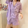 Summer Cartoon Students Sweet Chic Purple Sleepwear Girls Korean Homewear Women Thin Loose Pajamas Sets 210525