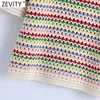 Zevity Women Stand Collar Rainbow Striped Casual Jacquard Knitting Sweater Kvinna Chic Kortärmad Pullovers Hollow Tops SW804 210805