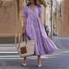 Frauen Sommer Elegantes Sommerkleid ZANZEA Kurze Puffärmel Rüschen Maxikleid Casual V-Ausschnitt Robe Femme Solide Baumwolle Vestidos M- Y0823