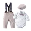 Klädset för babykläder med rosett Gentleman Randig sommar kostym Småbarn Barn Bodysuit Set Spädbarn Pojke Kläder 1420 B3