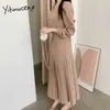 Yitimuceng Plissee Kleider Frauen Verband Koreanische Mode Maxi Kleid Lange Puff Sleeve Büro Dame Beige Schwarz Einfache Frühling 210601