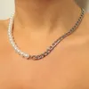 Plated Half 10mm miami cuban link chain half 8mm pearls choker necklace for Men and Women in Stainless Steel