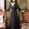 Yosimi Spring Black Dress Vintage V-Neck Full Sleeve Evening Party Night Kvinna Vestidos Midi Long Kvinnor Ankellängd 210604