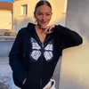 Kawaii Motyl Graficzny Bawełna Czarny Y2K Oversized Bluzy Kobiety Zip Up Długie Rękaw Bluzy Streetwear Szary Top Jesień 210813