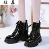 Round Toe Med Heel Boots Women Shoes Autumn Boots-women Booties Ladies Lace Up Luxury Designer Lolita Black 2020 Rubber Flat Y0914