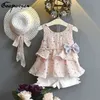 Girls Summer Clothes Set Floral Shirt + White Ball Pants + Hat 3 Pcs Baby Girl Beach Sets for Kids Clothing Drop Shipping G220310
