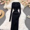 Vrouwen Koreaanse gebreide jurk lange mouw v-hals elastische slanke potlood jurken 2022 herfst sexy bodycon split trui jurk