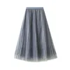 Surmiitro Summer Midi Long Tulle Pleated 치마 여성 한국어 스타일 핑크 구슬 중간 길이 높은 허리 라인 스커트 여성 210712