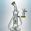 In stock Narghilè Bong in vetro unici Double Recycler Bong Elica Spinning Perc Oil Dab Rigs Green Purple 14mm Tubi d'acqua con ciotola inebriante