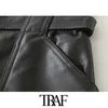 TRAF Dames Chique Mode Met Riem Faux Leren Shorts Vitnage Hoge Taille Rits Vliegenvakken Vrouwelijke Korte Broek Mujer 210724