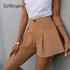 Sollinarry A-lined high waist wide leg wrinkle shorts Fashion summer causal khaki woman shorts Elagant button loose short 210625