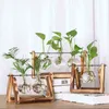 Glass and Wood Vase Planter Terrarium Table Desktop Hydroponics Plant Bonsai Flower Pot Hanging Pots with Wooden Tray Home Decor 211215