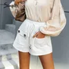 Cotton High-waist Straight-leg Shorts Casual Pocket Button Summer Female Elegant White loose office lady shorts 210724