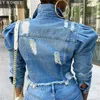 Kvinnor Sexig Ripped Denim Crop Jackets Vintage Casual Short Jean Jacket Puff Sleeve Vinter Kvinna Coat Streetwear 211014