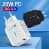 القادمون الجدد EU US QC3.0 حار بيع عالمي USB + PD 20W الجدار شاحن المحمولة الهاتف المحمول شاحن سريع لآيفون 13 12 11 برو ماكس PD02 03 مع صندوق البيع بالتجزئة