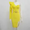 Kobiety Sexy Projektant Ruffles Z Długim Rękawem Żółty Bandaż Sukienka Damska Elegancka Jeden Ramię Bodycon Party Vestido 210527