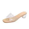 Slippers Transparent Ladies Slides 2021 Summer Female Mules Thick Mid Heels Crystal Women Shoes Woman Plus Size