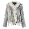 Natural Knitted Rabbit Fur Vest With fox raccoon Collar long sleeve fur coat with tassel customized overcoat large size 210927