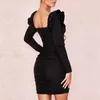 Casual Dresses Seamyla Black Long Sleeve Ruffle Lace Up Dress Women V Neck Celebrity Evening Party Bodycon Sexy 2022 Vestidos Club Mini