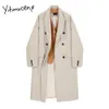 Yitimuceng Houndstooth Woolen Coat Spadek Odzież Dla Kobiet Wełny Kurtki Łączone Vintage Fake 2 sztuka Patchwork Długi Styl 210601