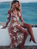 Sexy Boho-Abendkleider, V-Ausschnitt, 3/4-Ärmel, Blumenapplikationen, Tüll, weiß, braun, Strand-Damenkleid, bodenlang, Illusion-Abschlussballkleider