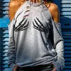 Frauen Mode Langarm Casual Tops Weibliche Herbst Halloween Kalte Schulter Skeleton Print Ausschnitt Top 210805