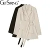 GetSpring女性ブレザードレスロングスリムパッチワークアシンメトリービンテージ女性コートジャケットブラックアプリコット包帯ファッションアウトフィット211116