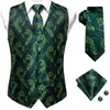 Men's Vests Hi-Tie Teal Green Floral Paisley Silk Men Slim Waistcoat Necktie Set For Suit Dress Wedding 4PCS Vest Hanky Cufflink