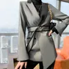 [EWQ] 2021 Spring Female Office Lady Notched Collar Long-sleeved Blazer Coat Loose Panelled Minimalist Suit With Belt 8Y241 X0721